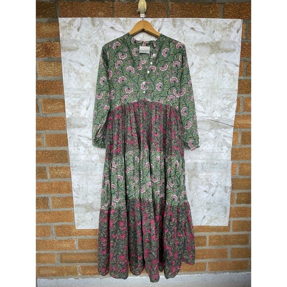 Lido Boho Maxi Dress Green Pink Floral Button Front Tiered Long Sleeve  medium - Picture 5 of 13